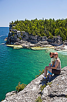 女人,女儿,享受,景色,头部,小湾,国家公园,靠近,安大略省,加拿大