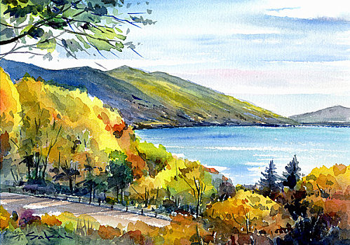 湖,秋天中国抽象水墨山水天蓝色水彩竹叶背景素材风景,蓝色背景,彩色