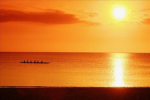 夏威夷,瓦胡岛,北岸,独木舟,剪影,鲜明,日落
