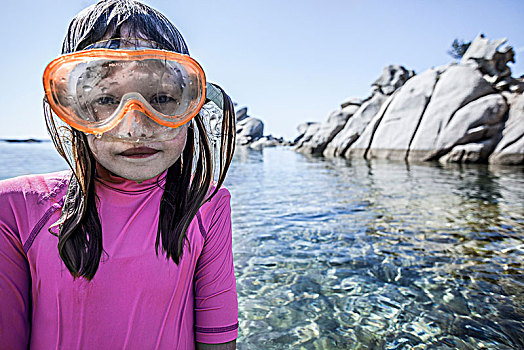 女孩,潜水面罩,孤单,岩石,湾,正面,晶莹,清水