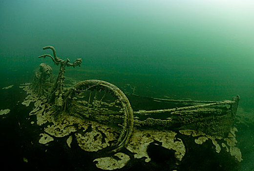 划艇,残骸,自行车,湖,泰根湖,巴伐利亚,德国,欧洲