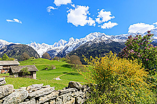 小屋,绿色,山谷,框架,雪,顶峰,恩加丁,瑞士,欧洲