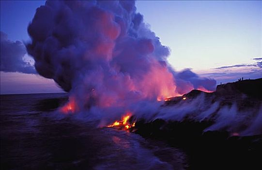 夏威夷,夏威夷大岛,夏威夷火山国家公园,看,熔岩流,海洋,黎明,蒸汽,云,远景