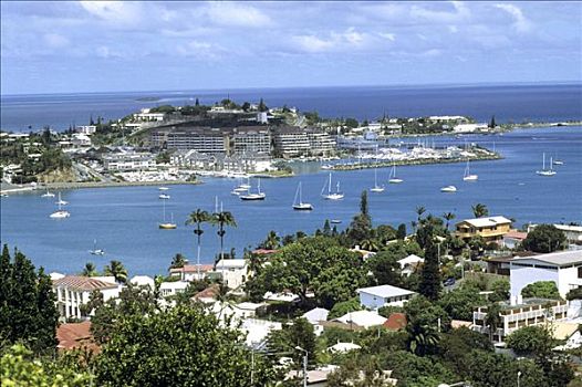 新加勒多尼亚,全视图,游艇,树,蓝天