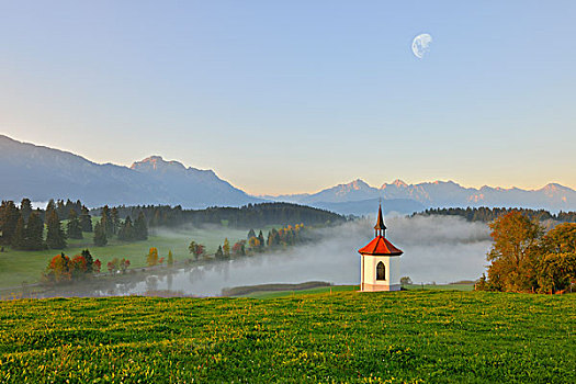 小教堂,看,湖,月亮,数码构图,靠近,巴伐利亚,德国,欧洲