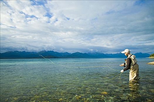 人,飞钓,湖,克拉克湖,国家公园,靠近,嘴,河,阿拉斯加,夏天