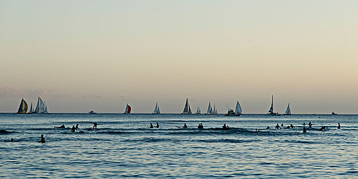 冲浪,帆船,海洋,日落,怀基基海滩,檀香山,瓦胡岛,夏威夷,美国