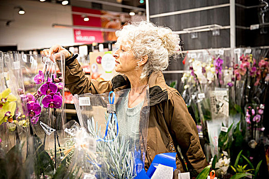 成年,女人,超市,看,植物,花