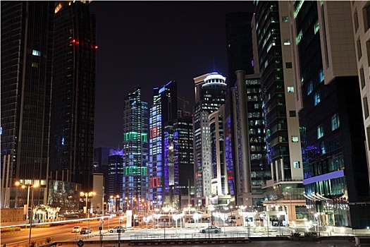 街道,市区,多哈,夜晚,卡塔尔,中东