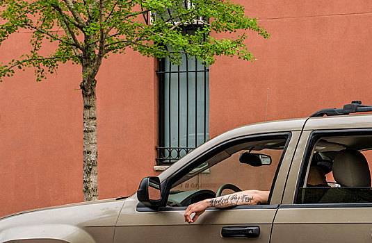 手臂,一个,男人,停车,风景,车窗,纹身,说话