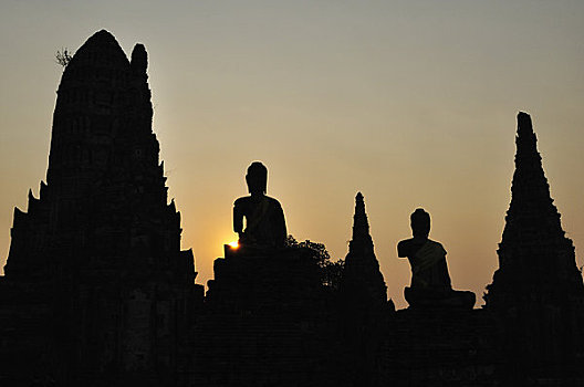 日落,寺院,大城府,泰国