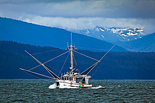 渔船,航行,靠近,岛屿,冰河湾国家公园,保存,东南阿拉斯加,夏天