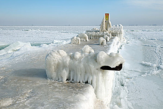 冰,码头,冰冻,黑海,稀有,现象,时间,敖德萨,乌克兰,东欧