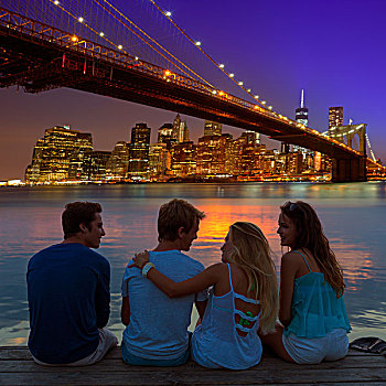 朋友,群体,后视图,日落,高兴,有趣,纽约,曼哈顿,照片