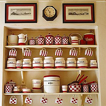 收集,红色,白色,存储,罐,碗,大杯,架子,厨房