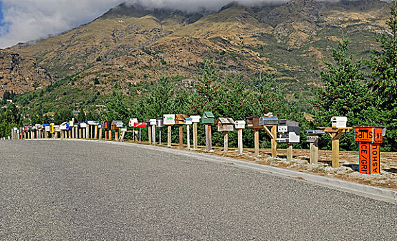 独特,邮箱,排列,进入,道路,新,住宅区,南岛,新西兰