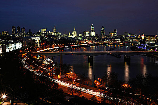 桥,河,夜晚,滑铁卢,泰晤士河,伦敦,英格兰
