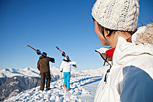 女人,看,父亲,女儿,滑雪