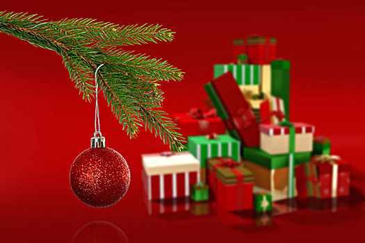 红色,圣诞饰物,悬挂,枝条