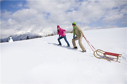 情侣,走,向上,滑雪坡,拉拽,雪撬