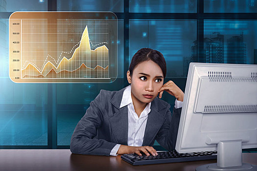 亚洲人,职业女性,工作,电脑,虚拟,市场,图表