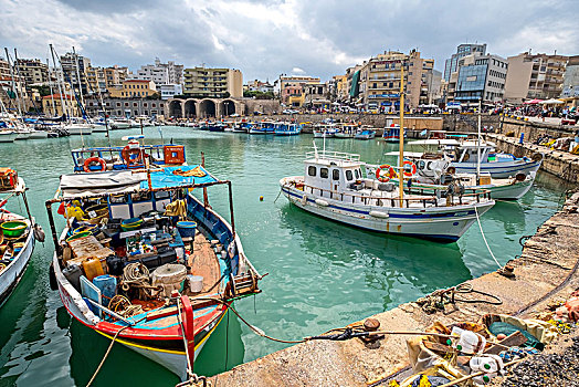 渔港,渔船,老,港口,要塞,威尼斯,伊拉克利翁,克里特岛,希腊,东方,地中海,欧洲