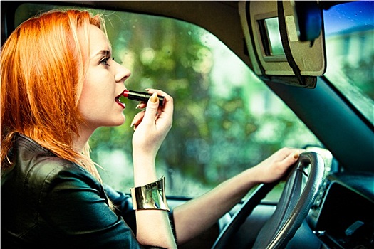 女人,驾驶员,描绘,嘴唇,驾驶,汽车