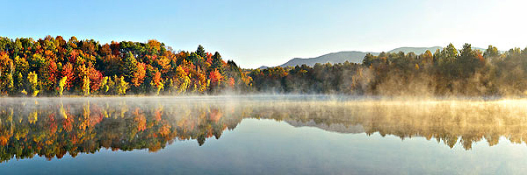 湖,雾,全景,秋叶,山,反射,新英格兰