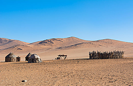 纳米布沙漠,纳米比亚,辛巴族,传统服饰,小屋,家,牛,围栏,中间