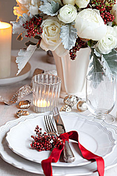 冬天,插花,花瓶,蜡烛,餐具摆放,桌上,加拿大
