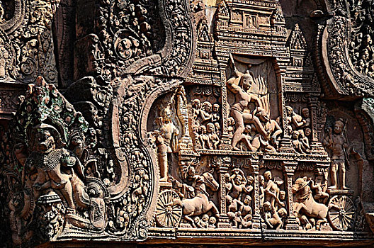 柬埔寨,收获,吴哥,雕塑,墙壁,女王宫,庙宇