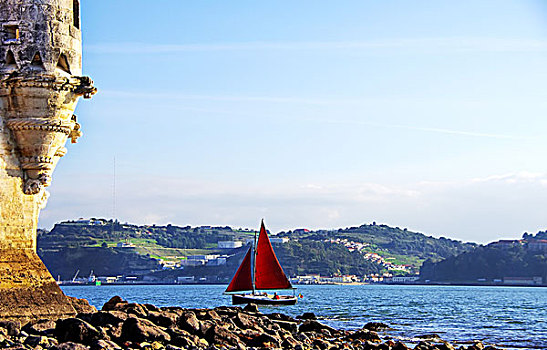 红色,帆船,塔霍河,葡萄牙