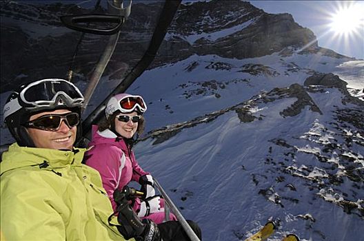 滑雪者,滑雪缆车,胭脂,冰河,西部,阿尔卑斯山,伯恩高地,瑞士,欧洲