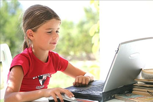 女孩,工作,便携电脑,坐,平台