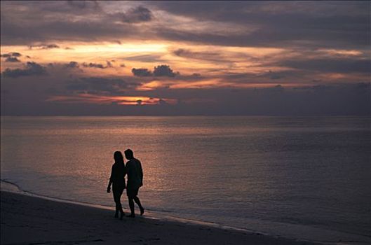 马尔代夫,剪影,伴侣,海滩,橙色