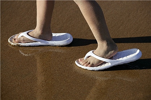 成年,鞋,孩子,脚,海滩,沙子
