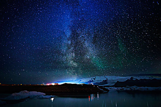 银河,北极光,杰古沙龙湖,结冰,泻湖,冰岛