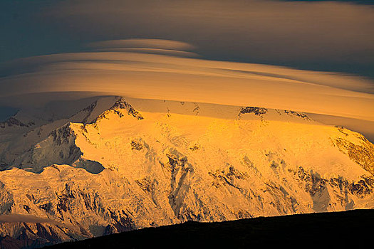 日落,山,麦金利山,透镜状,云,上方,风景,旺湖,德纳里峰国家公园,室内,阿拉斯加