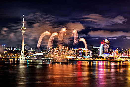 澳门,海面,夜景,灯光,烟花