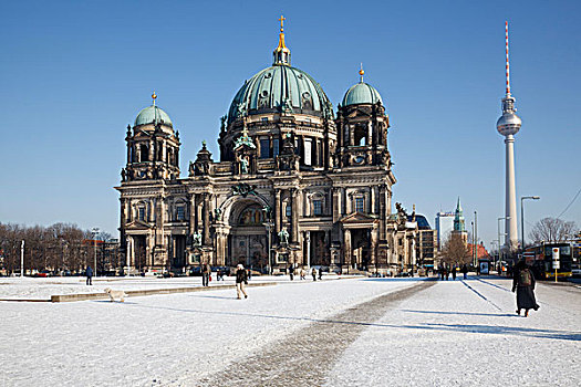 柏林大教堂,电视塔,雪,柏林,德国,欧洲