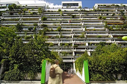 高层建筑,公寓,绿色,水泥,露台,奥林匹亚,乡村,慕尼黑