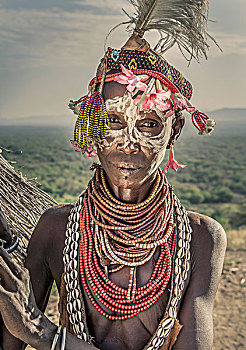 头像,成年,女人,卡罗部落,穿,传统服装,埃塞俄比亚,非洲