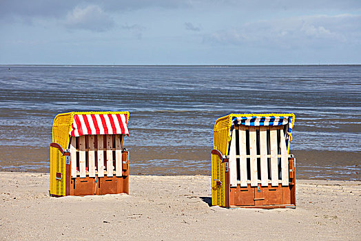 空,沙滩椅,库克斯哈文,北海,下萨克森,德国,欧洲