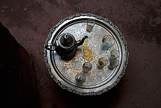 摩洛哥,薄荷茶,房子,玛拉喀什,容器,玻璃茶杯,托盘,银,茶具