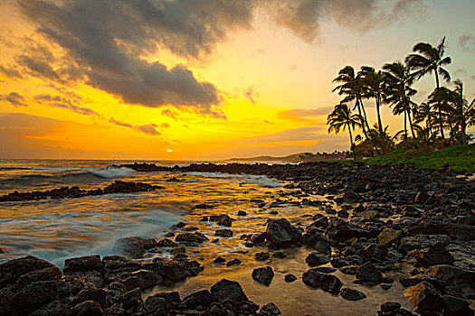 日落,坡伊普,考艾岛,夏威夷