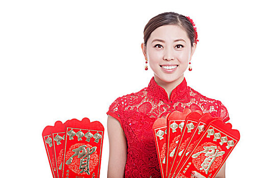 年轻,亚洲女性,红色,旗袍,信封,春节