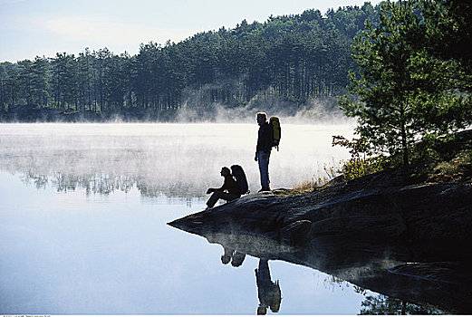 伴侣,岩石上,靠近,湖,雾,安大略省,加拿大