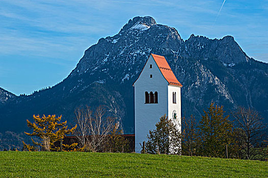 教堂塔,山,背影,看,区域,巴伐利亚,德国,欧洲