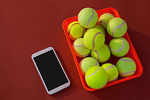 俯拍,网球,红色,篮子,手机,栗色,背景