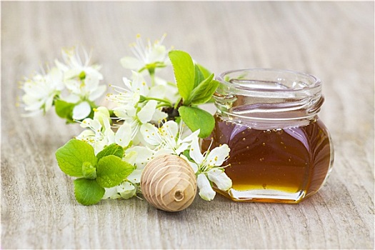 蜂蜜,罐,花,舀蜜器,木质背景